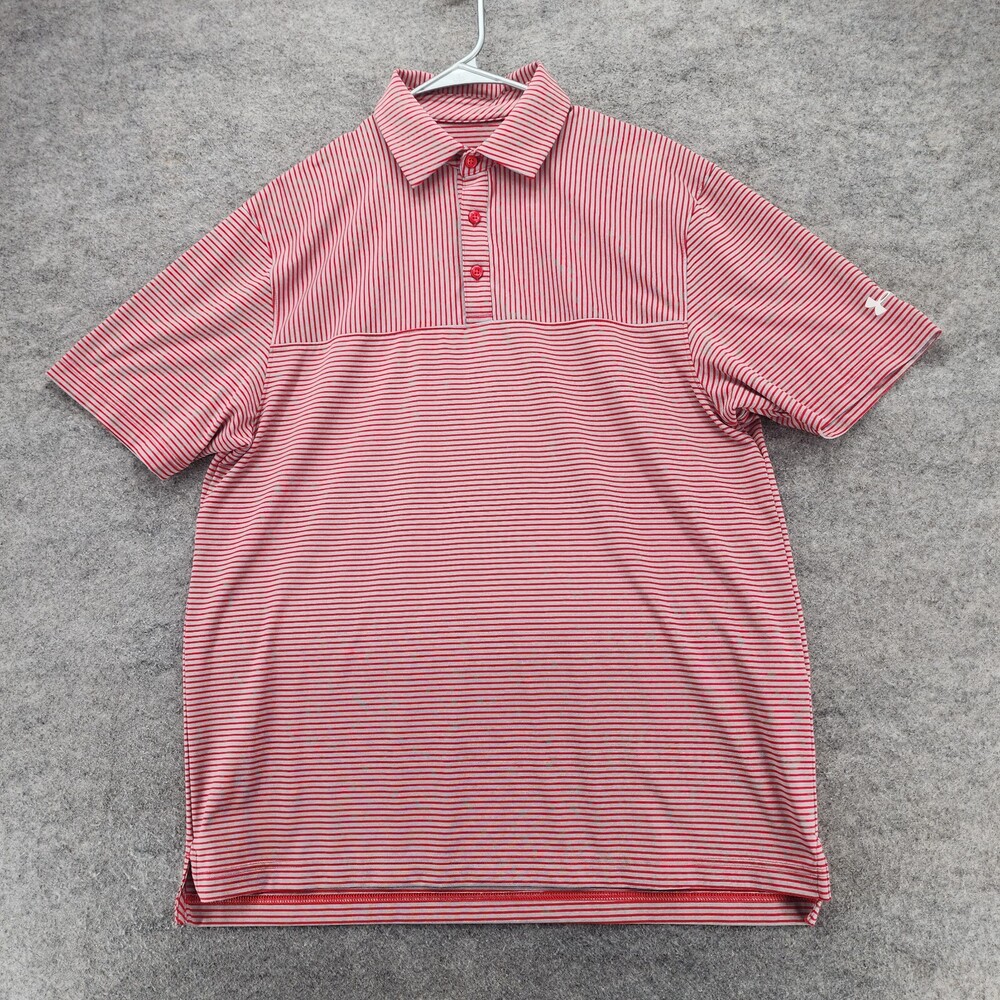 Under Armour Polo Shirt Womens Medium Loose Fit Heat Gear Gray Red Striped